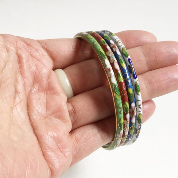 Vintage Cloisonne Blue Green Red White Floral Bangle Stack Set of 4 - Picture 3 of 15